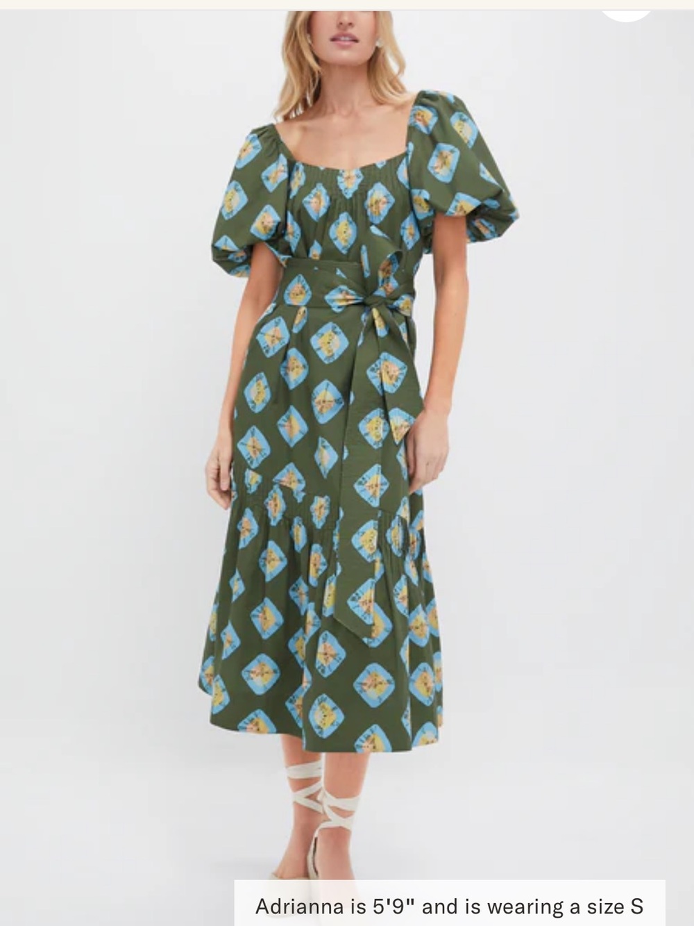 Tuckernuck Olive Puff-Sleeve Midi Dress with Blue and Yellow Motif